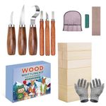 Eidoct 18 PCS Wood Carving Tools kit for Beginners, 18 in 1 Wood Whittling Kit, Chip Carving Tools Set, with 6 Whittling Tools, 8 Basswood Carving Blocks, 1 Gloves Sharpener Oil Wax Roll Bag