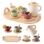 OESSUF Tea Party Set Kids Wooden Tea Set for Little Girls and Boys, Kids Play Kitchen Accessories Toy Dishwasher Safe Tea Set for Toddler, Pretend Play Toddler Tea Set Ideal Christmas Birthday Gift