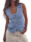 PRETTYGARDEN Women's Summer Vests Sleeveless Button Down Knitted Tank Tops Casual Y2K Sweater Vest Blouse with Pockets (Blue,Medium)