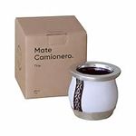 thebmate [Premium Yerba Mate Cup (Mate Gourd) - Crafted Ceramic Teacup - Brown Leather Wrapped Handmade in Uruguay - Mate Tiny - Camionero Style (White)