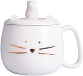 Koolkatkoo Unique Cat Coffee Mug with Lid for Cat Lover Cute Ceramic Tea Mugs with Holder for Cell Phone Porcelain Cup Have The Gold Kitten Gift for Women White