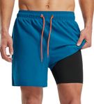 Libin Men's Swim Trunks Quick Dry Swim Shorts for Men 5 inch Bathing Suits with Compression Liner 2 in 1 Beach Shorts Zipper Pocket, Peacock Bule L