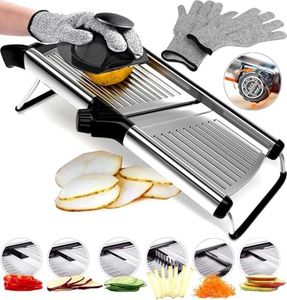 Mandoline Slicer, Vegetable Potato Slicer, Julienne Slicer, Onion Cutter, with Stainless Steel Adjustable Blade. Cut Resistant Gloves Included.