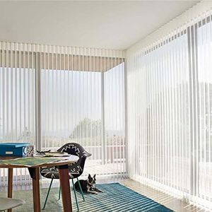 Zshine Motorized Vertical Sheer Shades Light Filtering Freedom Adjusted Polyester Rechargeable or Hard-Wired Motor for Living Room Office (White)