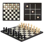 3-in-1 Chess, Draughts and Tic-Tac-Toe Set – Wooden Chess Set, Double-Sided 28cm Game Board with Extra Queens – Fun Family Chess Board for Adults and Kids – Ideal for All Ages