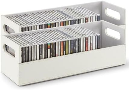 Stock Your Home 2- Pack CD Storage Box, Organizer Shelf for Movie Cases, DVDs, Cassette Tape Display Stand, Disc Holder Can Store Up to 40 CDs, Faux Leather (White with White Interior)
