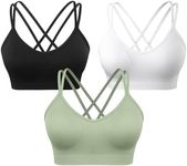 VEQKING Women's Cross Back Sports Bra Padded Strappy Medium Support Yoga Bra for Workout Fitness 3 Pack, 3pack(black+white+green), Small