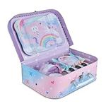 Jewelkeeper 15 Piece Kids Party Tin Tea Set for Toddlers - Kids Pretend Toy Tin Tea Set & Carrying Case - Cotton Candy Unicorn tea sets for girls - toy picnic set