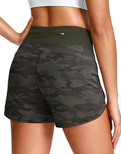 Women's Running Shorts High Waisted Quick-Dry 3 Inch Gym Workout Athletic Shorts for Women with Zipper Pocket(Green Camo, L)