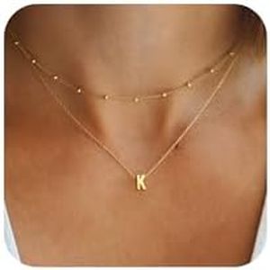 BAYLAY Initial Necklaces for Women - Dainty 18K Gold Filled K Initial Necklace Cut Letter Monogram Necklace Layered Initial Necklace Gold Jewelry Necklace for Women