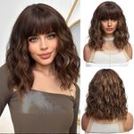 UEVIES Short Wavy Brown with Highlight Synthetic Hair Wigs with Bangs Natural Shoulder Length Bob Wig For Women Daily Party Cosplay-16 Inches