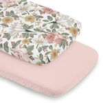 Sweet Jojo Designs Vintage Floral Boho Girl Baby Bassinet Sheets Fitted Sheet Set Infant Newborn Nursery Oval Rectangle Hourglass Mattress 2p Pink Green Yellow Bohemian Shabby Chic Farmhouse Leaf Rose