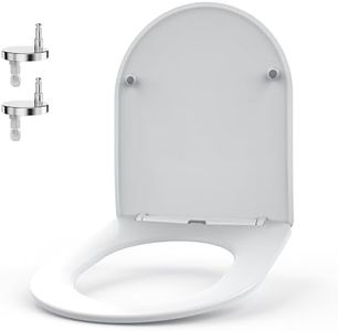 WHYFONE Tapa WC Universal, Asiento de Inodoro en Forma de D, Tapa Inodoro de Cierre Suave con Liberación Rápida, Tapa Vater de UF Materiales Antibacterianos con Bisagras Ajustables, Blanco, 435x362mm