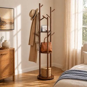 Duqi Fluxhaven Solid Wood Rotating Coat Rack Freestanding with 3 Shelves & 9 Hooks, 360° Coat Tree Heavy Duty Hall Tree Coat Hanger Stand for Hats Bags Coats, Entryway Bedroom Office, Walnut