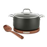 All-Clad E100S274 HA1 Nonstick Dutch Oven with lid & Acacia Wood Trivet and Spoon, Aluminum, Black