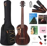 30 Inch All Black Wood Baritone Ukulele with Built-In Preamp and Tuning EQ, Picks, Spare Nylon Strings, Bag Included