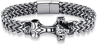 PiercingJak Viking Thor's Hammer Mjolnir Bracelet for Men Stainless Steel 12MM Curb Cuban Link Chain Bracelets with Magnetic Clasp Hammer Charm Cuff Bangle Wristband, Stainless Steel