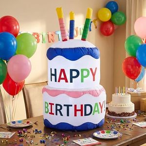 Sunnydaze 4-Foot Happy Birthday Cake Inflatable Decoration - Fan Blower and LED Lights