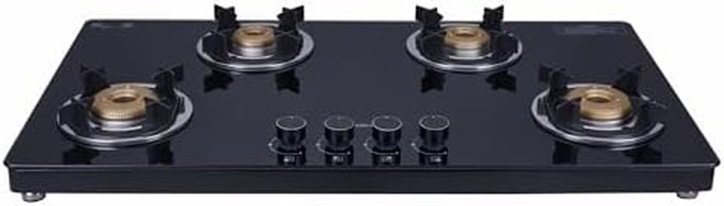 Elica Slimmest 4 Burner Gas Stove | 904 CT VETRO 2J (TKN CROWN DT MI) | Forged Brass Burners | Euro Coated Pan Support | Double Drip Tray | Toughened Glass Top | Manual Ignition | Black
