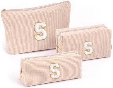 Vavabox A-Z Personalized Makeup Bag, Birthday Gifts for Women Mom, Gifts for Best Friend, Bride Bridesmaid Cosmetic bag (S, 05-khaki Set)