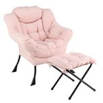 COSTWAY Armchair Accent Chair, Sherpa Upholstered Lounge Armchair Leisure Sofa Chair with Side Pocket, Metal Frame Lazy Comfy Seat Reading Chair for Living Room Bedroom (with Footstool, Pink)