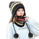 Aisaving Women Knitted Hat Scarf Set Girls Women Gift Winter Warm Thicken Crochet Bobble Pom Pom Beanie Hat Cap Outdoor Ski Snowboard Cycle Bobble Hemming Hats with Fleece Lining(Black)