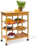 Relaxdays JAMES Bamboo Serving Trolley Cart with 2 Drawers and 3 Baskets, Wheeled Wooden Kitchen Island with a Shelf for Plates and Wine Bottle Rack, 80 x 67 x 37 cm, XXL, Natural