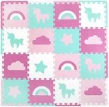 Tadpoles Rainbows and Unicorns Foam Playmats for Kids, 16 Interlocking Foam Tiles, Waterproof, Durable, & Long-Lasting | Total Floor Coverage 50” x 50” | for Ages 3 & Up | Pink, Blue, Purple, & White