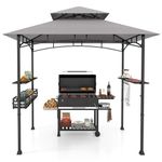 COSTWAY 2.5M (8ft) Grill Gazebo, Fire Resistant Waterproof Outdoor BBQ Shelter with 2 Side Shelves, Hooks and Bottle Opener, Double Tiered Grill Canopy for Patio Party Garden (with Storage Basket)