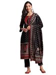 INDO ERA Women's Printed Pure Cotton Straight Kurta & Pant with Dupatta Set (IEPND6155_Medium) Black