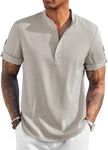 COOFANDY Men's Casual Henley Shirt Short Sleeve Band Collar Linen Shirt Summer Beach Hippie T-Shirts Apricot