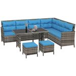 Outsunny 6 Pieces Patio Dining Set Wicker Outdoor Furniture Set Garden Rattan Sofa Set Outdoor Sectional Couch with Cushions, Dining Table and Ottomans, Blue