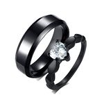 Wedding Rings Couple Set Black, Heart Zirconia Stainless Steel Polished Couple Rings with Custom Engraving, Women 9 & Men 7