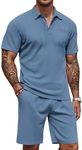 COOFANDY Men's Waffle Knit Polo Shirt and Shorts Set 2 Pieces Outfits Summer Suit Casual Tracksuit with Pockets, Blue, 3X-Large