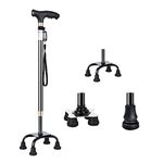 KCareU Adjustable Walking Stick for Men Women Elderly with 4 prongs, Non-slip Quadripod Portable Black Walking Cane Stick with Light