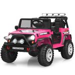 Costzon 2-Seater Ride on Truck, 12V Battery Powered Electric Vehicle w/Remote Control, 2 Speeds, Spring Suspension, LED Light, Horn, Music/ MP3, 2 Doors Open, Ride on Car for Kids (Pink)