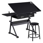 Yaheetech Adjustable Drafting Table, Tiltable Drawing Tabletop with Storage Drawers, Drawing Table Art/Craft Desk with Stool, 120.5x60x(69.5-92.5) cm