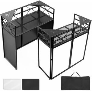 DJ Booth - Adjustable Height (33inch / 37.8inch), Portable DJ Table Stand with Carry Bag, Black & White Blackout Cloth, Foldable DJ Facade Booth for Event, Parties, Festival, Clubs (41.1 x 20.5inch)