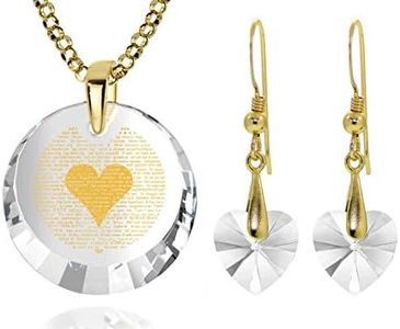 120 Languages I Love You Necklace and Crystal Heart Dangle Earrings Clear Romantic Anniversary Jewelry Gift Set for Women Love Pendant 24k Gold Inscribed on Cubic Zirconia, 18" Gold Plated Silver