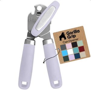 GORILLA GRIP Heavy Duty Stainless Steel Smooth Edge Manual Can Opener and Bottle Openers, Soft Comfortable Handle, Oversized Handheld Turn Knob, US Designed Multifunctional Kitchen Tool, Lavender