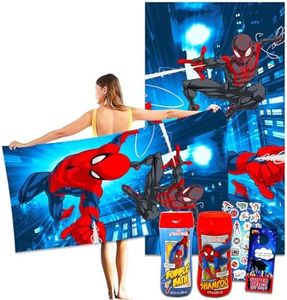 Spiderman Bath Towel Set for Kids - Bundle with 40x72 Spiderman Bath Towel, Bubble Bath, Stickers, More | Spiderman Bathroom Set for Boys