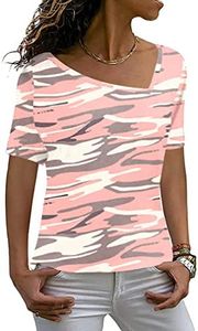 AYIFU Womens Summer Tops Short Sleeve Casual Shirts Asymmetric Neck Color Block Tunic, 1-little Camo-pink, X-Large