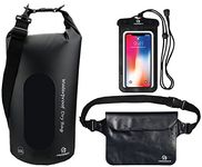 Waterproof Dry Bags Set Of 3 By Freegrace - Dry Bag With 2 Zip Lock Seals & Detachable Shoulder Strap, Waist Pouch & Phone Case - Can Be Submerged Into Water For Swimming, Kayak, Rafting & Boating (5L, Black(Window))