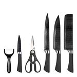 Piercell® Stainless Steel Kitchen Knife Set 6 Pcs Black Chef Knife Set Non-Stick Blades Including Peeler and Scissor Kitchen Cutlery Knives Set with Gift Box