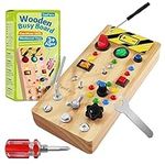 TenFans Wooden Montessori Busy Board with LED Light Switch and Screwdriver Tools - Sensory Toy for Toddlers 3+ Year Old Boys - Travel Activity and Educational Learning Toy Improves Fine Motor Skills