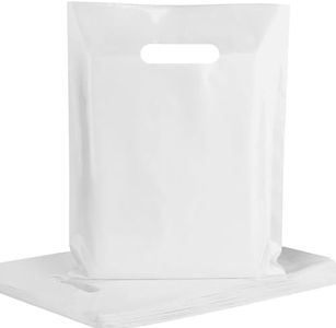 POPGIFTU White Plastic Shopping Bags with Die-Cut Handles 100 Pack - 12x15 Inches, 1.75 Mil Thick Retail Merchandise Bags Bulk for Small Business, Store, Party Favors, Trade Show & Gift Packaging
