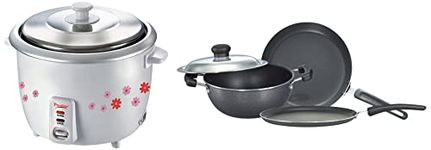 Prestige Omega Select Plus Non-Stick BYK Set, 3-Pieces, Gas-Stove Compatible Only & Prwo 1.8-2 700-Watts Delight Electric Rice Cooker with 2 Aluminium Cooking Pans Combo Black