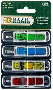 BAZIC Products Neon Page Marker Dispensers, Sticky Notes for Study Materials, Office Use, Sign Here & Neon Colored Page Markers for Books and Documents, 0.5x1.7, 100 Flags/Pack, 24-Packs