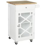 HOMCOM Rolling Kitchen Island with Storage, Kitchen Cart on Wheels with Drawer, Glass Door, Towel Rack and Adjustable Shelf, White