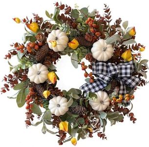 WANNA-CUL 24 inch Large Farmhouse Fall Wreath Decor for Front Door with White Pumpkin,Cotton,Lamb's Ear and Eucalyptus Leaves,Harvest Door Wreath for Autumn or Thanksgiving Decorations